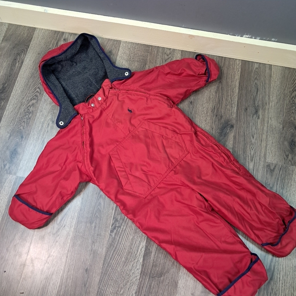 Ralph Lauren Red Hooded Puffer Snowsuit with Navy Trim